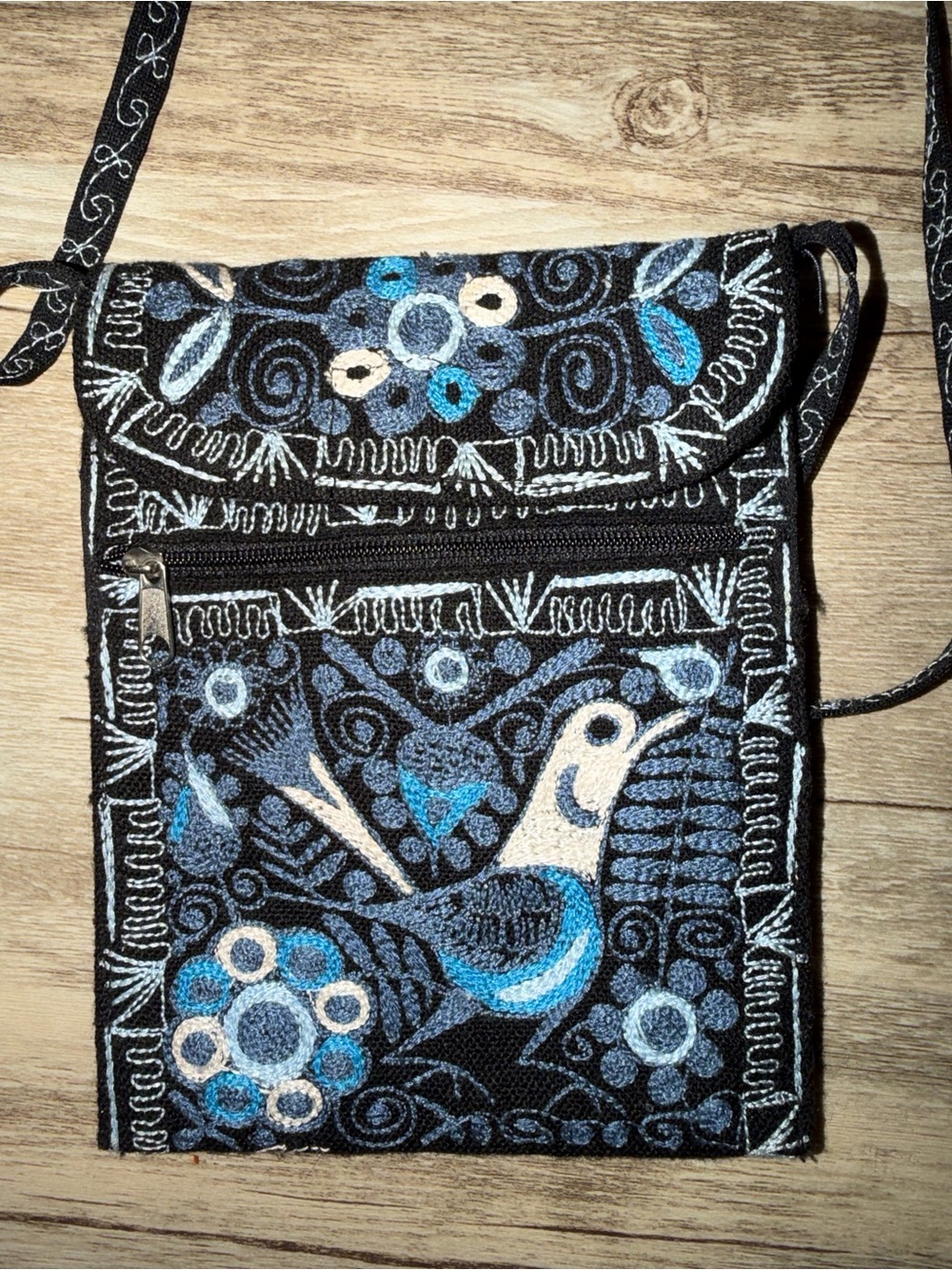 Embroidered Blue Bird Crossbody Bag - Women's Shoulder Purse